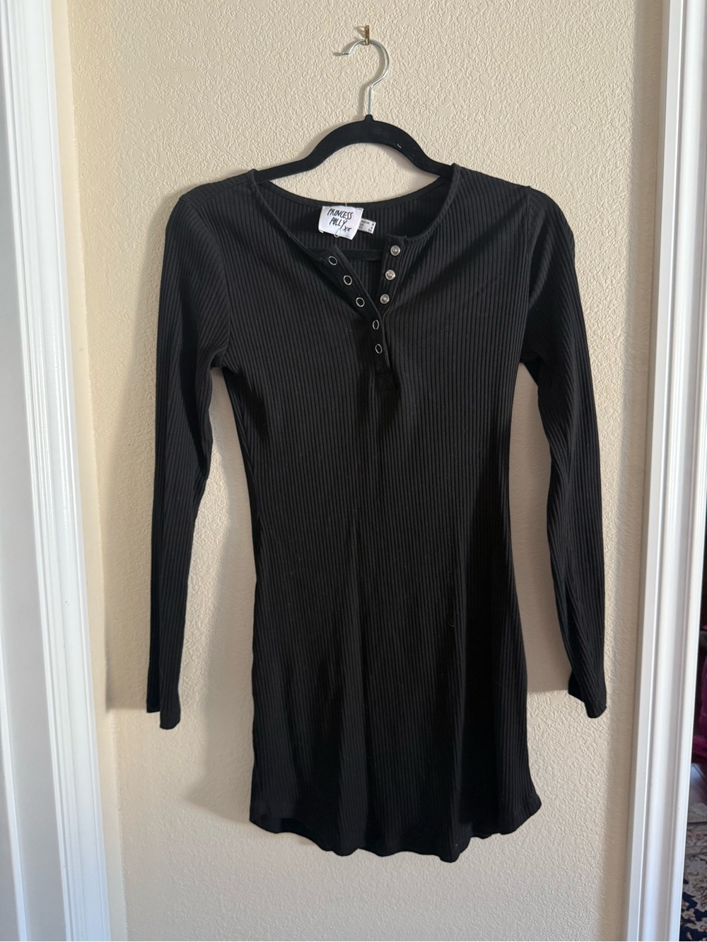 Princess Polly Black Ribbed Henley Long-Sleeve Top